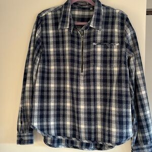 Toad &Co blue plaid organic cotton flannel shirt.  Size L